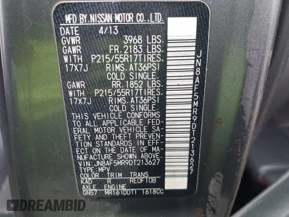2013 Nissan Juke S with VIN JN8AF5MR9DT213627, listed as a IAAI auction lot 41132886 with 111,453 mi miles. Bid and sale history available at carsss.com. Image 9.