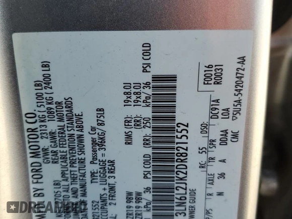 2013 Lincoln MKZ with VIN 3LN6L2JK2DR821552, listed as a Copart auction lot 46279785 with 142,923 mi miles and Salvage Title. Bid and sale history available at DreamBid. Image 12.