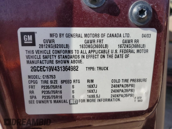 2003 Chevrolet Silverado 1500 with VIN 2GCEC19V431364982, listed as a Copart auction lot 74125874 with 201,183 mi miles and Salvage Title. Bid and sale history available at carsss.com. Image 13.