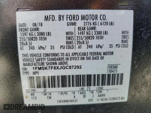2018 Ford Explorer Limited с VIN 1FM5K7F8XJGC87292, выставлен на аукционе Copart как лот 61228065 с пробегом 85 275 миль миль и Списание • Salvage title. История ставок и продаж доступна на DreamBid. Изображение 14.