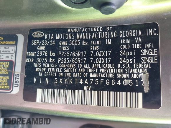 2015 Kia Sorento LX with VIN 5XYKT4A75FG640517, listed as a IAAI auction lot 42019468 with 135,710 mi miles. Bid and sale history available at carsss.com. Image 9.