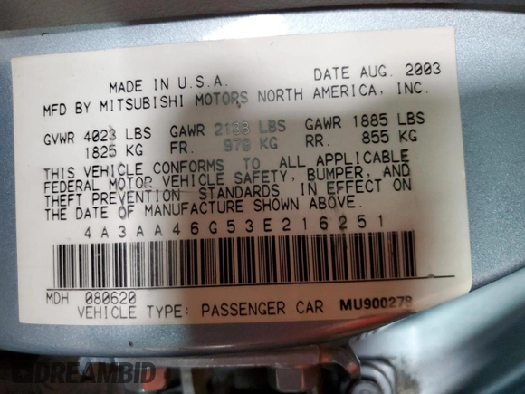 2003 Mitsubishi Galant ES z VIN 4A3AA46G53E216251, wystawiony jako Copart lot #82654014 z przebiegiem 199 493 mil mil oraz Szkoda całkowita • Salvage title. Historia ofert i sprzedaży dostępna na DreamBid. Obrazek 12.