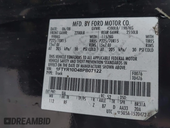 2008 Ford Ranger XL with VIN 1FTYR10D48PB07122, listed as a IAAI auction lot 42486432 with 196,529 mi miles and . Bid and sale history available at DreamBid. Image 9.