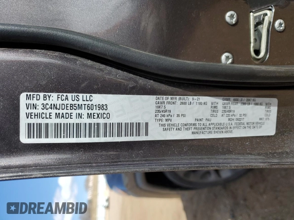 2021 Jeep Compass 80th Anniversary with VIN 3C4NJDEB5MT601983, listed as a Copart auction lot 47043205 with Not provided miles and Salvage title. Bid and sale history available at DreamBid. Image 13.