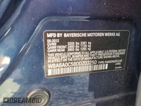 2013 BMW 6 Series 640i with VIN WBA6A0C58DDZ03250, listed as a Copart auction lot 52081974 with 146,345 mi miles and Salvage Title. Bid and sale history available at DreamBid. Image 14.
