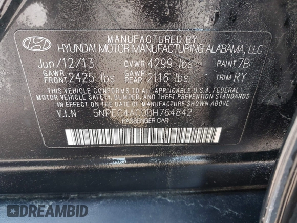 2013 Hyundai Sonata Limited with VIN 5NPEC4AC0DH764842, listed as a IAAI auction lot 42160807 with 154,148 mi miles and . Bid and sale history available at DreamBid. Image 9.