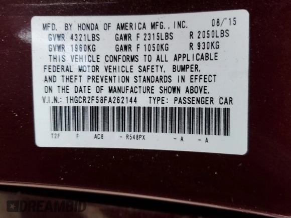 2015 Honda Accord Sport with VIN 1HGCR2F58FA262144, listed as a Copart auction lot 78397764 with 154,293 mi miles and Salvage Title. Bid and sale history available at DreamBid. Image 15.
