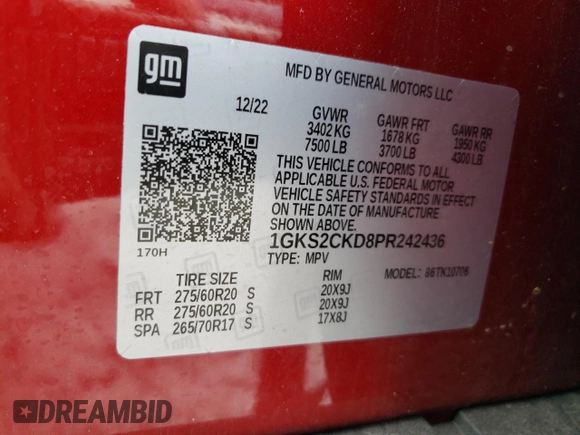 2023 GMC Yukon AT4 with VIN 1GKS2CKD8PR242436, listed as a Copart auction lot 62681704 with 18,457 mi miles and Salvage Title. Bid and sale history available at carsss.com. Image 13.