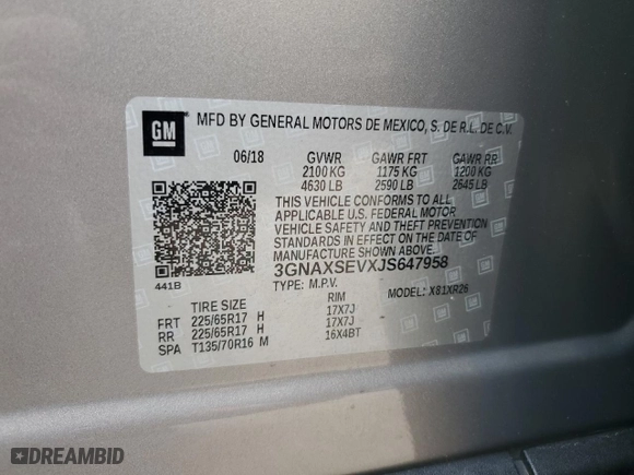 2018 Chevrolet Equinox LT with VIN 3GNAXSEVXJS647958, listed as a Copart auction lot 55404204 with 63,040 mi miles and Salvage Title. Bid and sale history available at carsss.com. Image 13.