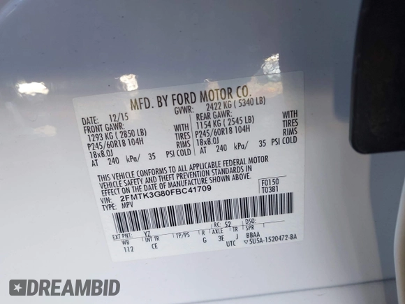 2015 Ford Edge SE with VIN 2FMTK3G80FBC41709, listed as a IAAI auction lot 42581606 with 112,031 mi miles and . Bid and sale history available at DreamBid. Image 9.