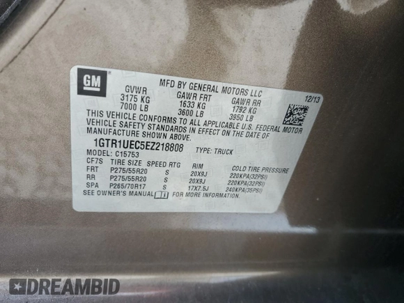 2014 GMC Sierra 1500 SLE z VIN 1GTR1UEC5EZ218808, wystawiony jako Copart lot #45159515 z przebiegiem 115 002 mil mil oraz Szkoda całkowita • Salvage title. Historia ofert i sprzedaży dostępna na DreamBid. Obrazek 14.