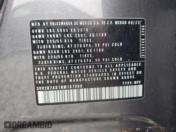 2022 Volkswagen Tiguan SE с VIN 3VV2B7AX1NM167089, выставлен на аукционе Copart как лот 64605475 с пробегом 37 890 миль миль и Списание • Salvage title. История ставок и продаж доступна на DreamBid. Изображение 14.