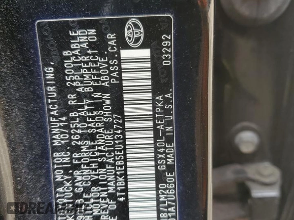 2014 Toyota Avalon Limited with VIN 4T1BK1EB5EU134727, listed as a Copart auction lot 49963195 with 57,083 mi miles and Salvage Title. Bid and sale history available at carsss.com. Image 15.