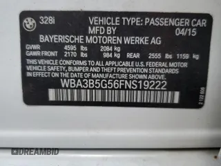 2015 BMW 3 Series 328i xDrive с VIN WBA3B5G56FNS19222, выставлен на аукционе Copart как лот 54548145 с пробегом 95 087 миль миль и Списание • Salvage title. История ставок и продаж доступна на DreamBid. Изображение 12.