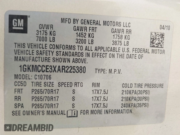 2010 GMC Yukon SLT with VIN 1GKMCCE3XAR225380, listed as a IAAI auction lot 41904723 with 173,686 mi miles. Bid and sale history available at carsss.com. Image 9.