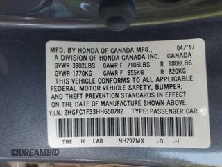 2017 Honda Civic EX-T with VIN 2HGFC1F33HH650782, listed as a IAAI auction lot 41685090 with 113,319 mi miles and . Bid and sale history available at carsss.com. Image 9.