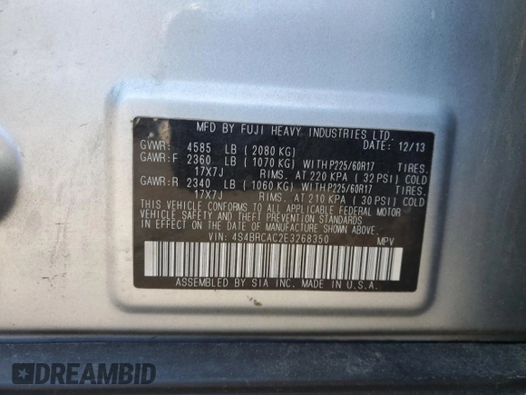 2014 Subaru Outback 2.5i with VIN 4S4BRCAC2E3268350, listed as a Copart auction lot 61493445 with 194,912 mi miles and Clean title. Bid and sale history available at DreamBid. Image 12.