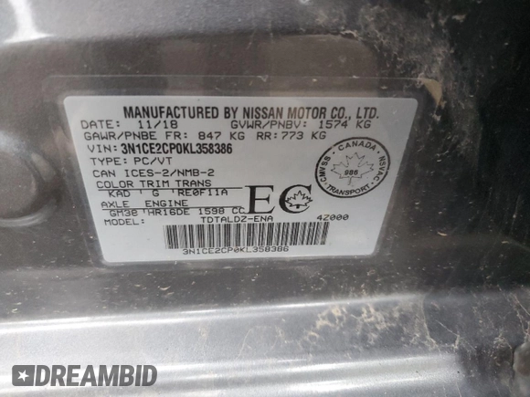 2019 Nissan Note SV with VIN 3N1CE2CP0KL358386, listed as a Copart auction lot 58157114 with Not provided miles and Salvage title. Bid and sale history available at DreamBid. Image 13.