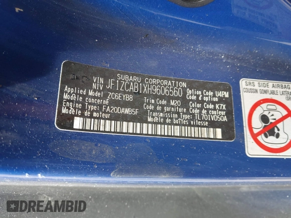 2017 Subaru BRZ Premium with VIN JF1ZCAB1XH9606560, listed as a IAAI auction lot 41883913 with Not Provided miles. Bid and sale history available at carsss.com. Image 9.