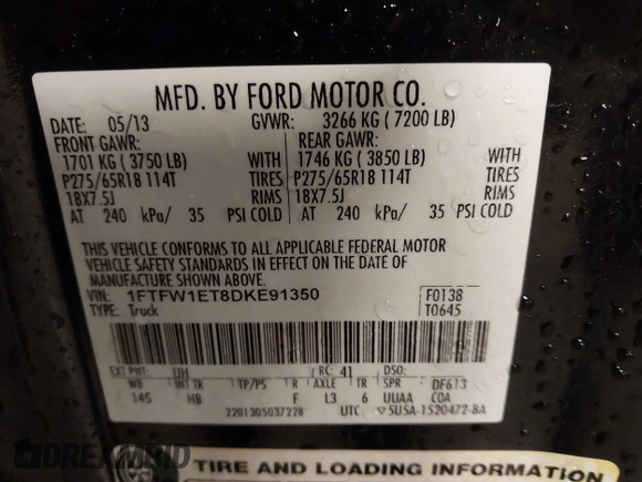 2013 Ford F-150 XL with VIN 1FTFW1ET8DKE91350, listed as a IAAI auction lot 41914727 with 141,447 mi miles and . Bid and sale history available at carsss.com. Image 9.