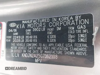 2016 Kia Soul with VIN KNDJN2A25G7362103, listed as a IAAI auction lot 41686898 with 83,621 mi miles and . Bid and sale history available at DreamBid. Image 9.