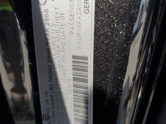 2010 Audi A8 with VIN WAURVAFA2AN007502, listed as a Copart auction lot 61910265 with Not provided miles and Clean title. Bid and sale history available at DreamBid. Image 12.