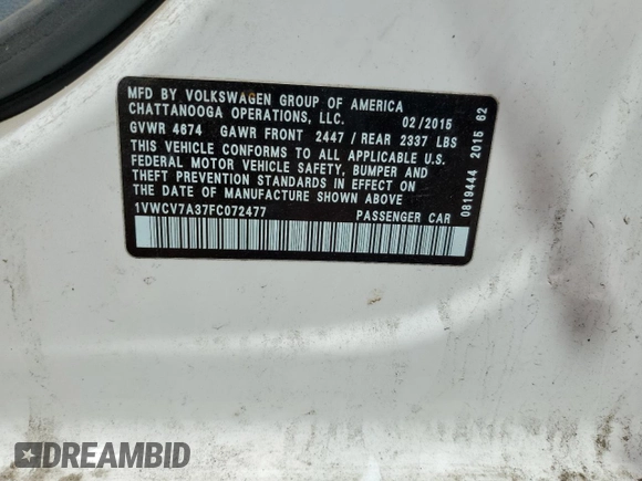 2015 Volkswagen Passat SEL Premium z VIN 1VWCV7A37FC072477, wystawiony jako Copart lot #53499125 z przebiegiem 126 207 mil mil oraz Szkoda całkowita • Salvage title. Historia ofert i sprzedaży dostępna na DreamBid. Obrazek 13.