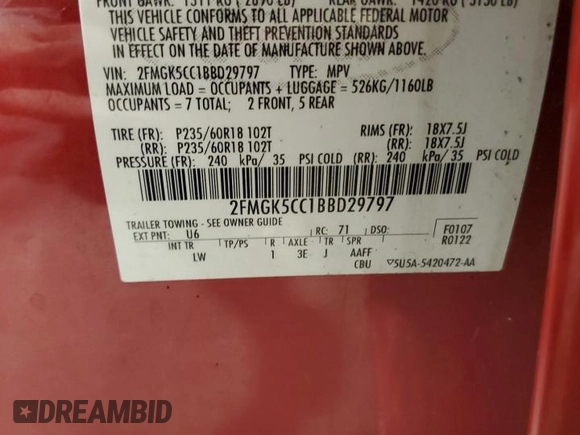 2011 Ford Flex SEL with VIN 2FMGK5CC1BBD29797, listed as a Copart auction lot 42822425 with 184,019 mi miles and Salvage Title. Bid and sale history available at carsss.com. Image 13.