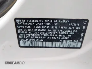 2015 Volkswagen Passat 1.8T Limited Edition with VIN 1VWAT7A3XFC061034, listed as a IAAI auction lot 41730463 with 104,323 mi miles. Bid and sale history available at carsss.com. Image 9.