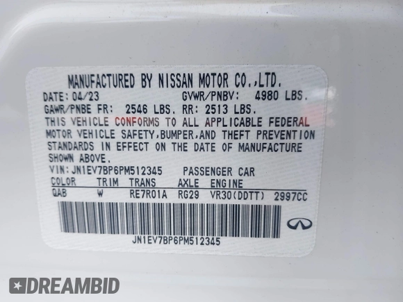 2023 Infiniti Q50 Luxe with VIN JN1EV7BP6PM512345, listed as a IAAI auction lot 42388297 with 11,204 mi miles and . Bid and sale history available at DreamBid. Image 9.