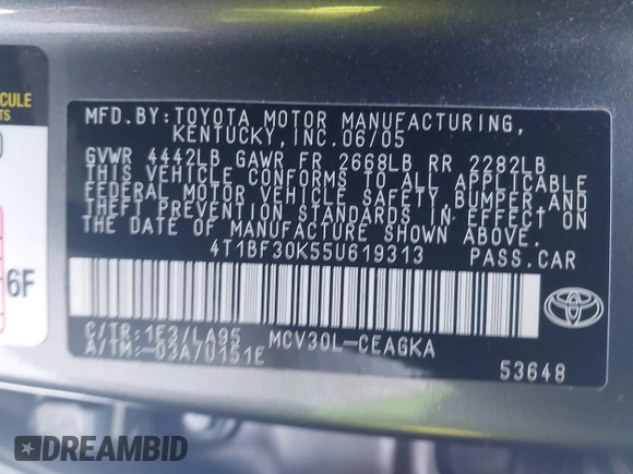 2005 Toyota Camry LE with VIN 4T1BF30K55U619313, listed as a IAAI auction lot 41854001 with 89,982 mi miles and . Bid and sale history available at DreamBid. Image 9.