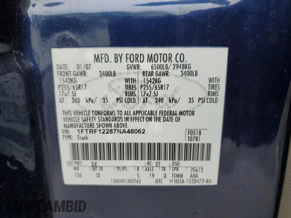 2007 Ford F-150 XL with VIN 1FTRF12287NA48062, listed as a Copart auction lot 55933815 with 113,308 mi miles and Salvage title. Bid and sale history available at DreamBid. Image 12.
