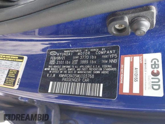 2021 Hyundai Venue Denim with VIN KMHRC8A35MU103768, listed as a IAAI auction lot 41363547 with 66,618 mi miles and . Bid and sale history available at DreamBid. Image 9.