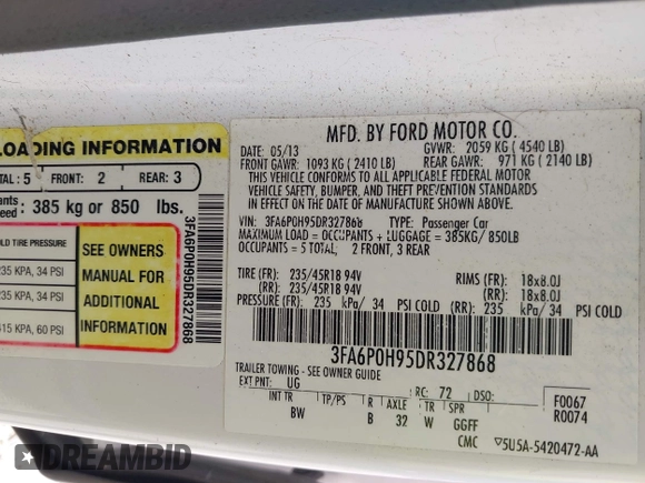 2013 Ford Fusion SE with VIN 3FA6P0H95DR327868, listed as a IAAI auction lot 42736102 with 153,359 mi miles and . Bid and sale history available at DreamBid. Image 9.