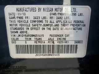 2011 Infiniti G25 x with VIN JN1DV6AR0BM451415, listed as a Copart auction lot 76703204 with 101,180 mi miles and Non Repairable. Bid and sale history available at DreamBid. Image 12.