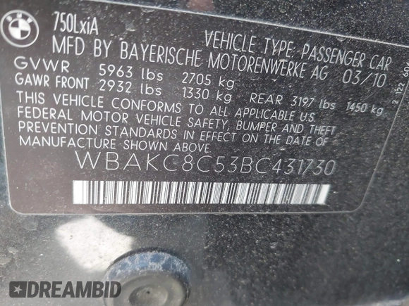 2011 BMW 7 Series 750Li xDrive с VIN WBAKC8C53BC431730, выставлен на аукционе IAAI как лот 42558302 с пробегом 105 981 миль миль и . История ставок и продаж доступна на DreamBid. Изображение 9.