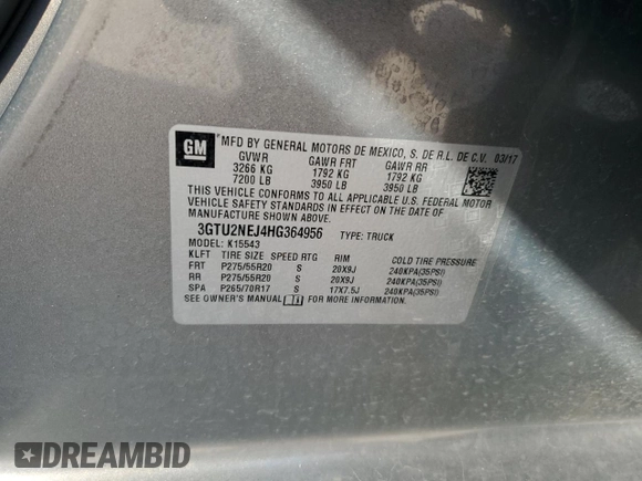 2017 GMC Sierra 1500 SLT z VIN 3GTU2NEJ4HG364956, wystawiony jako Copart lot #85657104 z przebiegiem 116 430 mil mil oraz Szkoda całkowita • Salvage title. Historia ofert i sprzedaży dostępna na DreamBid. Obrazek 12.
