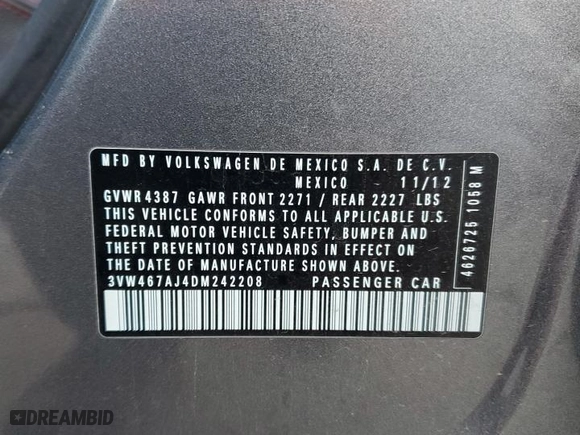 2013 Volkswagen GLI Autobahn with VIN 3VW467AJ4DM242208, listed as a Copart auction lot 85291684 with 164,232 mi miles and Salvage Title. Bid and sale history available at carsss.com. Image 12.