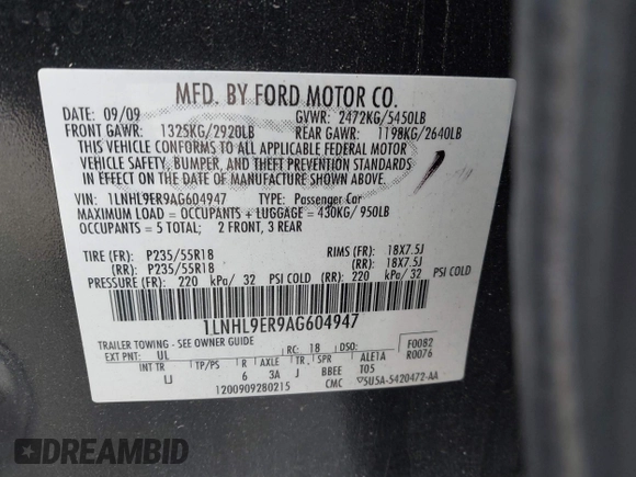 2010 Lincoln MKS with VIN 1LNHL9ER9AG604947, listed as a IAAI auction lot 41552721 with 143,130 mi miles. Bid and sale history available at carsss.com. Image 9.