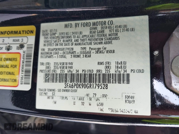 2016 Ford Fusion Titanium with VIN 3FA6P0K90GR179528, listed as a IAAI auction lot 42181213 with 230,264 mi miles. Bid and sale history available at carsss.com. Image 9.