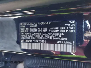 2022 Porsche Cayenne E-Hybrid Hybrid z VIN WP1AE2AY7NDA26826, wystawiony jako IAAI lot #41669548 z przebiegiem 22 644 mil mil oraz . Historia ofert i sprzedaży dostępna na DreamBid. Obrazek 9.