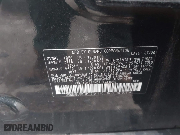 2020 Subaru Outback Limited с VIN 4S4BTANC7L3241626, выставлен на аукционе IAAI как лот 42203607 с пробегом 34 195 миль миль и . История ставок и продаж доступна на DreamBid. Изображение 9.