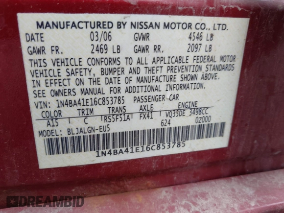 2006 Nissan Maxima SE z VIN 1N4BA41E16C853785, wystawiony jako IAAI lot #42306266 z przebiegiem 162 170 mil mil oraz . Historia ofert i sprzedaży dostępna na DreamBid. Obrazek 9.