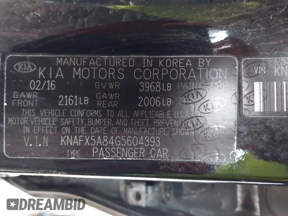 2016 Kia Forte EX with VIN KNAFX5A84G5604393, listed as a IAAI auction lot 42011963 with 79,145 mi miles and . Bid and sale history available at DreamBid. Image 9.