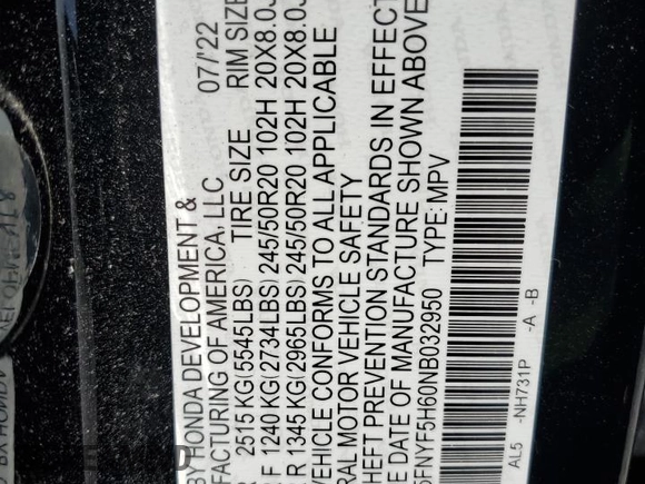 2022 Honda Pilot Touring 7-Passenger with VIN 5FNYF5H60NB032950, listed as a Copart auction lot 53084725 with 46,369 mi miles and Salvage title. Bid and sale history available at DreamBid. Image 13.