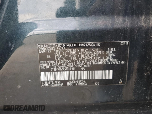 2012 Toyota RAV4 with VIN 2T3BF4DV9CW203506, listed as a Copart auction lot 60838195 with 120,717 mi miles and Non repairable. Bid and sale history available at DreamBid. Image 12.