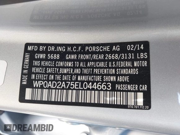 2014 Porsche Panamera S E-Hybrid with VIN WP0AD2A75EL044663, listed as a IAAI auction lot 41818381 with 44,194 mi miles and . Bid and sale history available at DreamBid. Image 9.