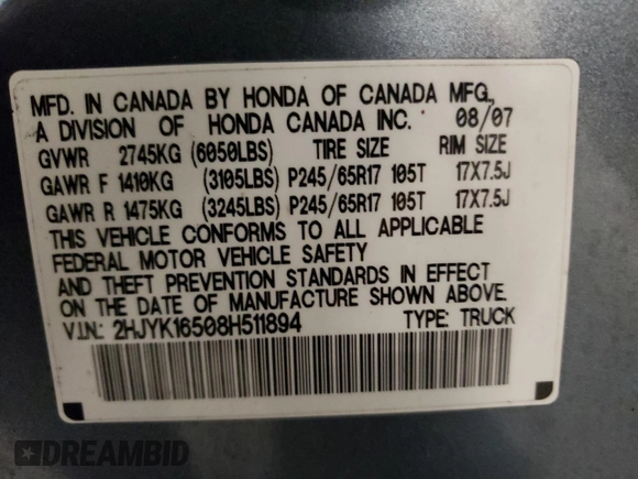 2008 Honda Ridgeline RTL with VIN 2HJYK16508H511894, listed as a Copart auction lot 77176964 with 163,199 mi miles and Non Repairable. Bid and sale history available at carsss.com. Image 14.