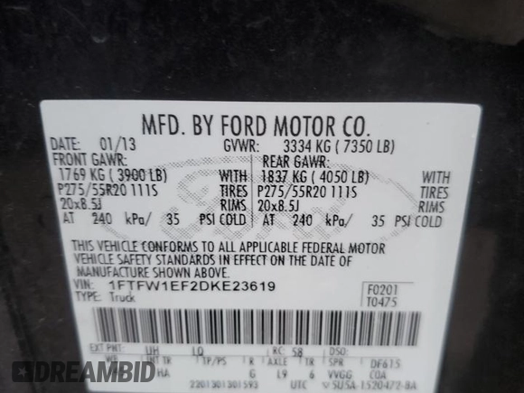 2013 Ford F-150 XL with VIN 1FTFW1EF2DKE23619, listed as a Copart auction lot 86343374 with 167,956 mi miles and Salvage Title. Bid and sale history available at carsss.com. Image 12.