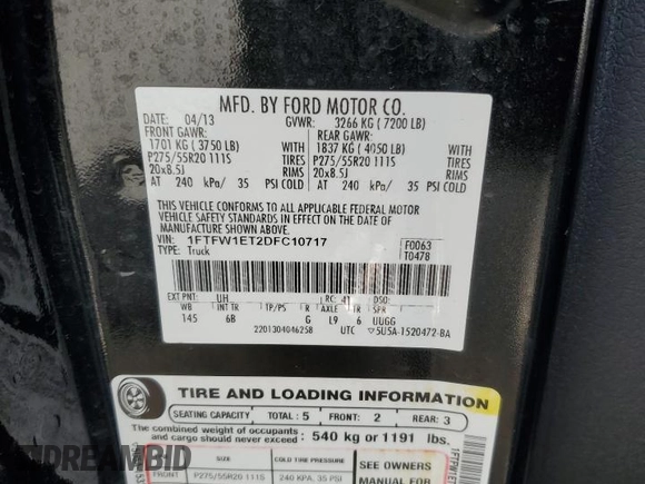 2013 Ford F-150 XL with VIN 1FTFW1ET2DFC10717, listed as a Copart auction lot 46179435 with 175,007 mi miles and Salvage Title. Bid and sale history available at carsss.com. Image 12.